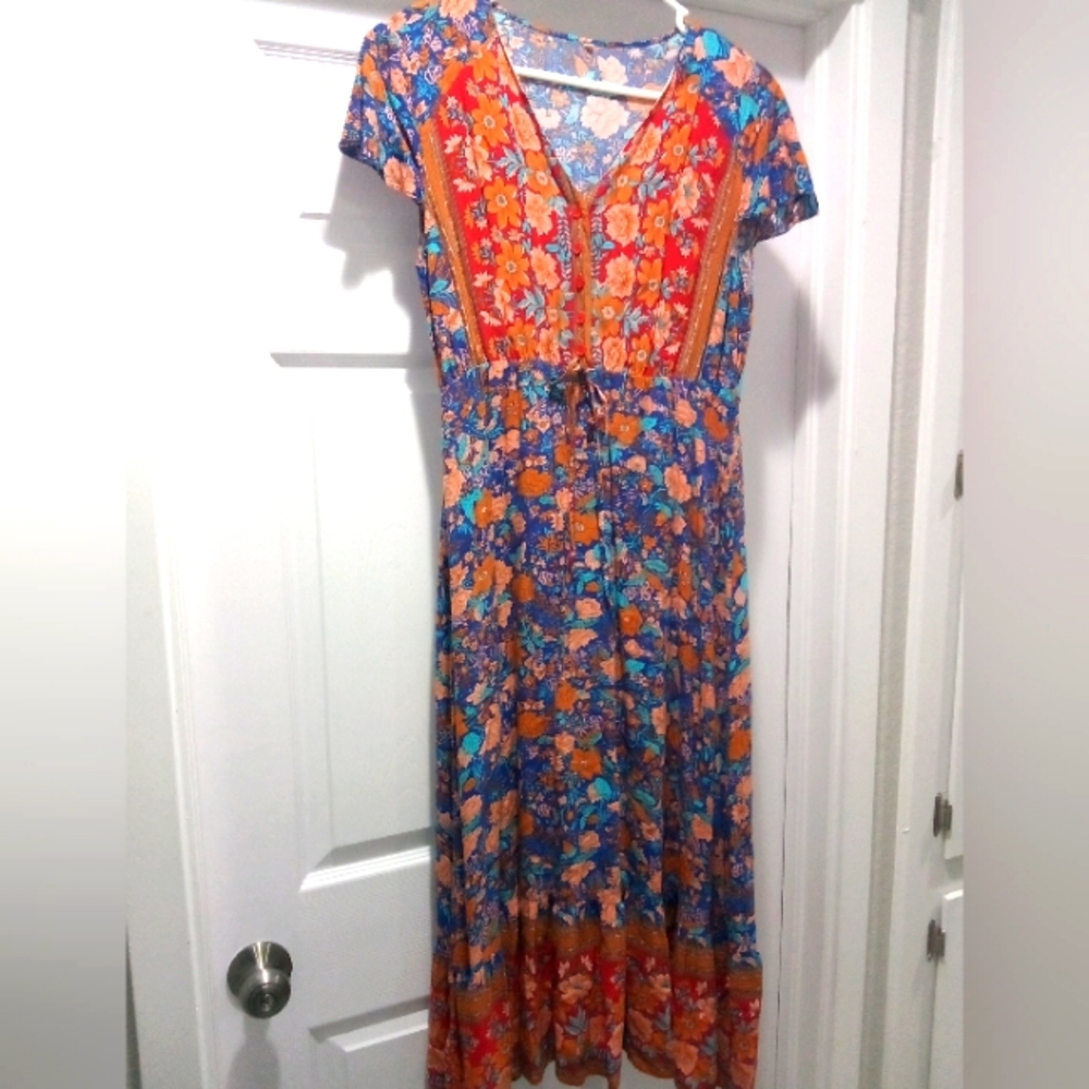 Bohemian Boho Floral Short Sleeve Ankle Length Dress, L